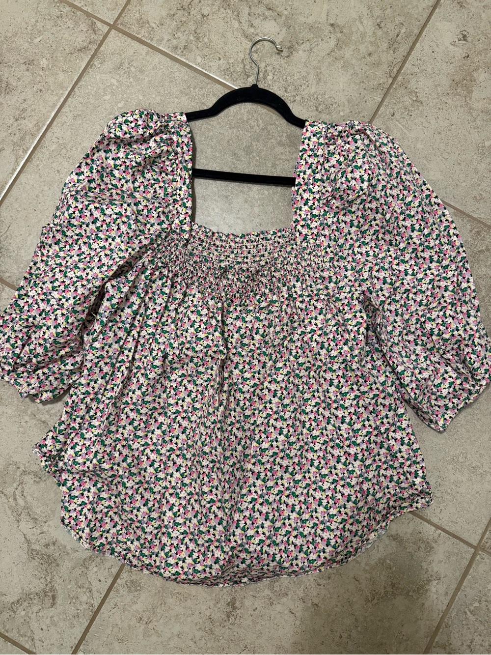 H&M Pink Multi Floral Square-Neck Puff Sleeve Blouse